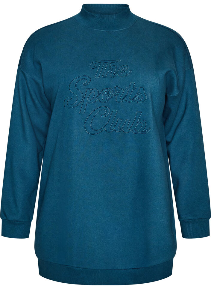 Lang sweatshirt met hoge hals en geborduurde tekst, Blauw, Packshot image number 0