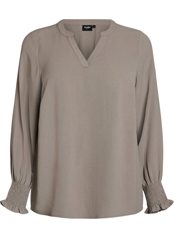 Blouse met smockmanchetten en V-hals, Beige, Packshot image number 0