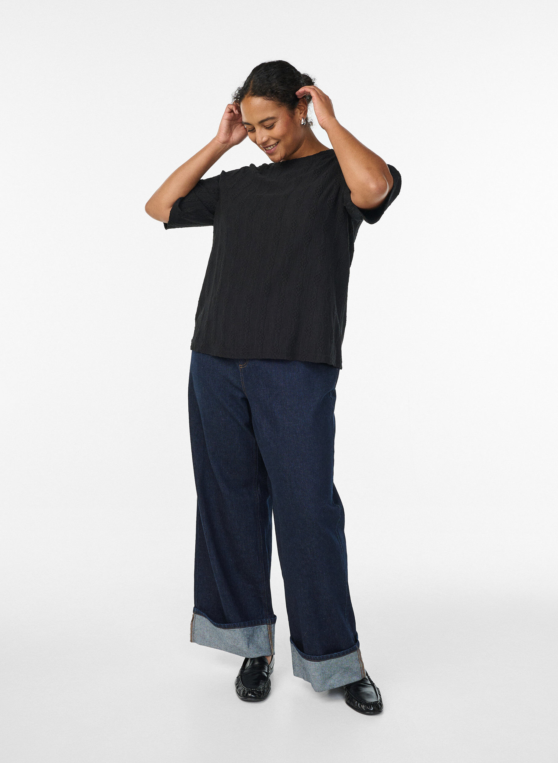 ZizziBlouse met structuurpatroon en korte mouwen, Zwart, Model image number 1