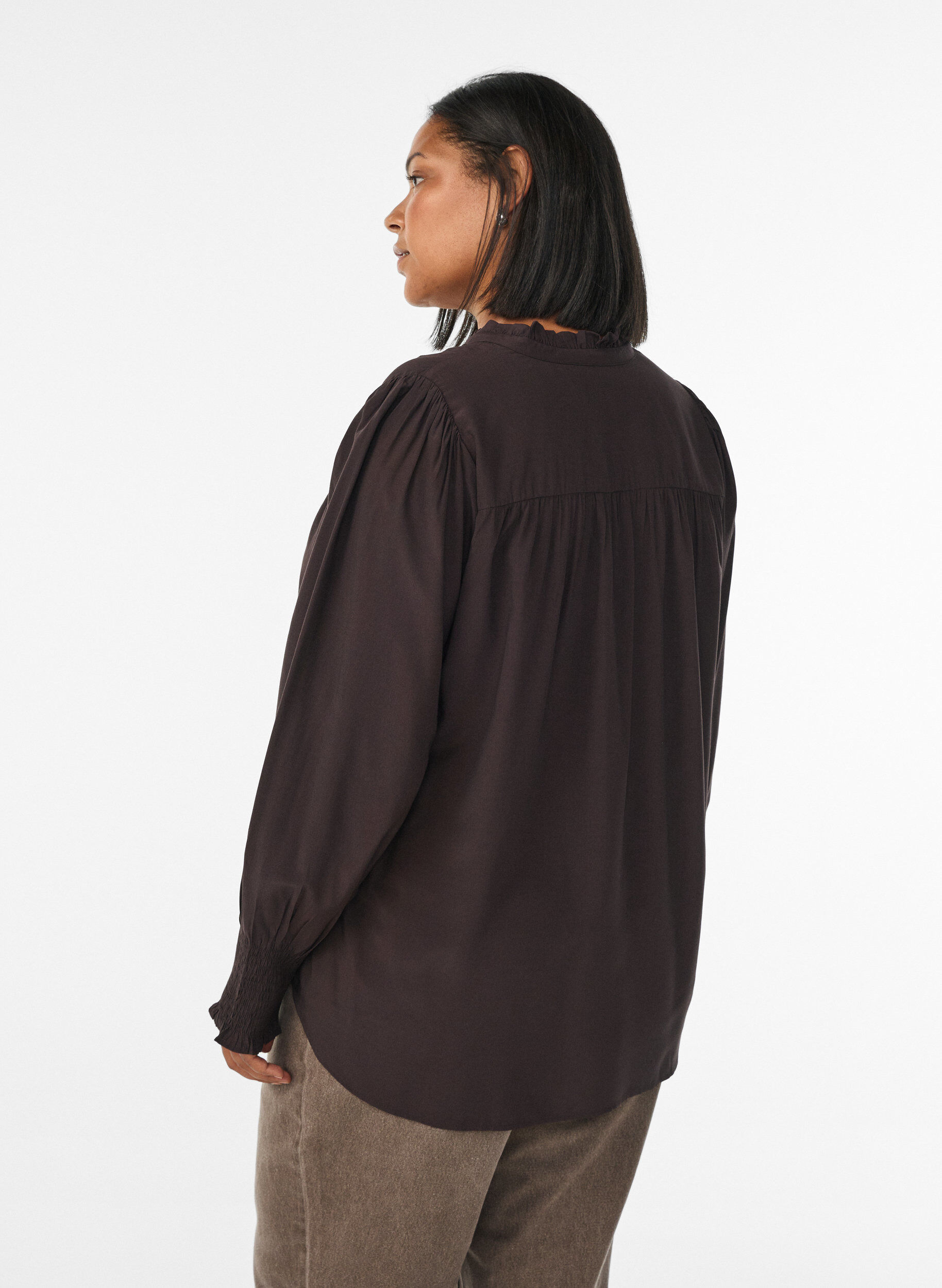 ZizziBlouse met ruches kraag en plooien, Bruin, Model image number 2