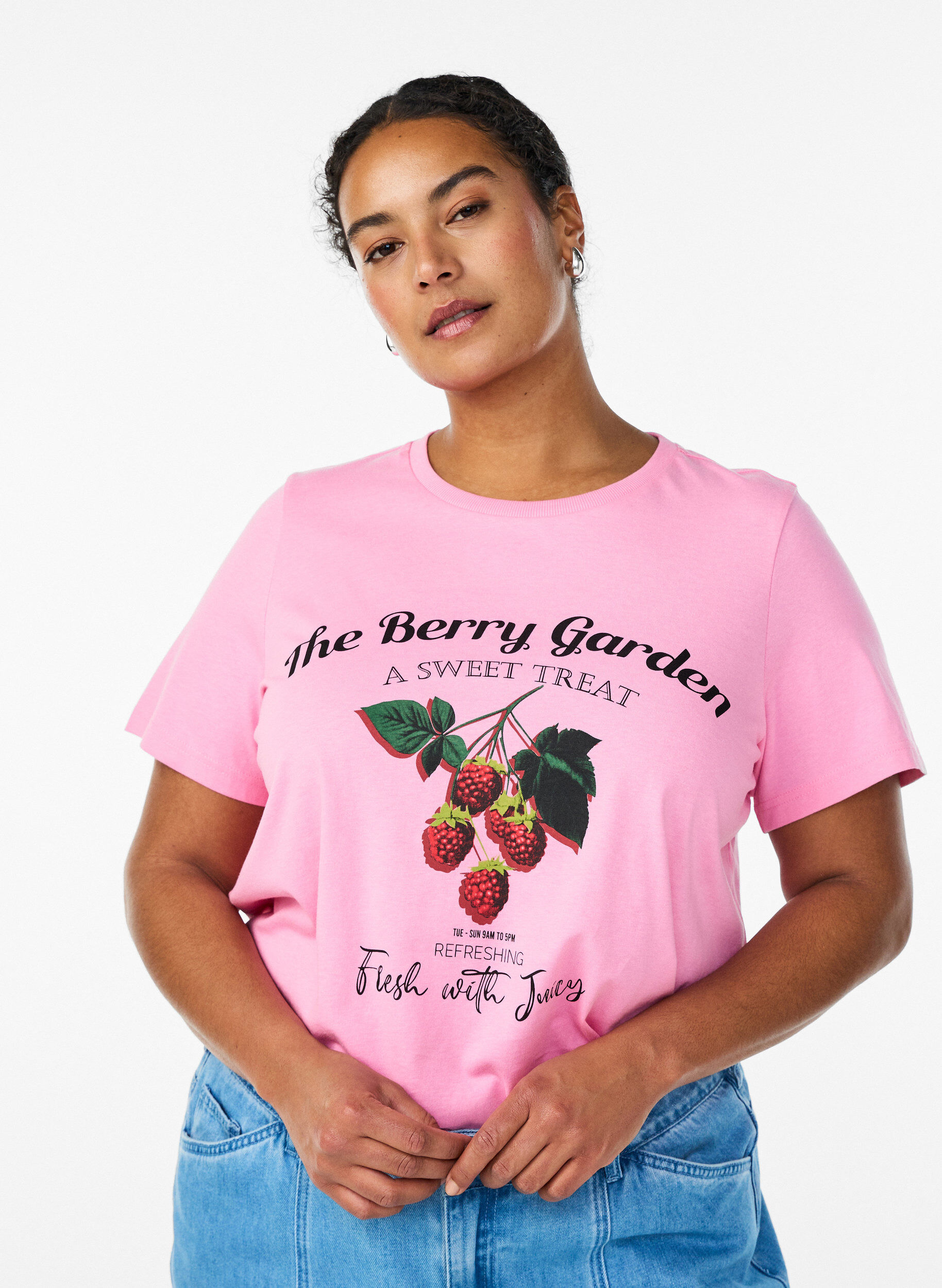 Katoenen T-shirt met fruitprint en tekst, Roze, Model