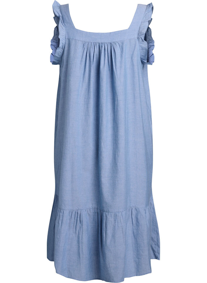 Midi-jurk in katoen met ruches, Blauw, Packshot image number 1