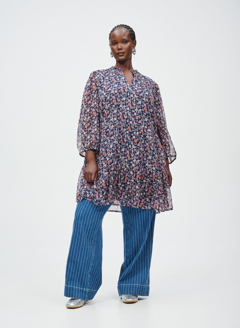 Tunic met bloemenprint en glitterdraden, Navy Flower AOP, Image