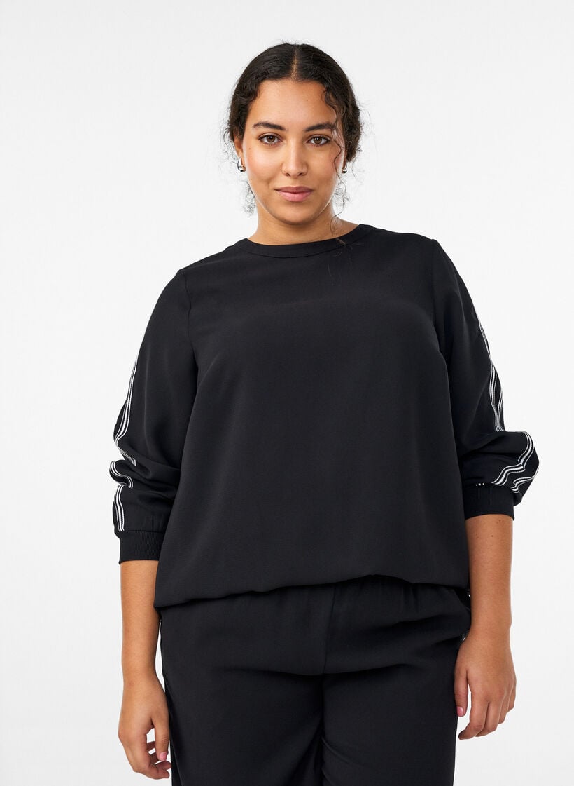 Blouse met streepdetaillering op de mouwen, Zwart, Model image number 0