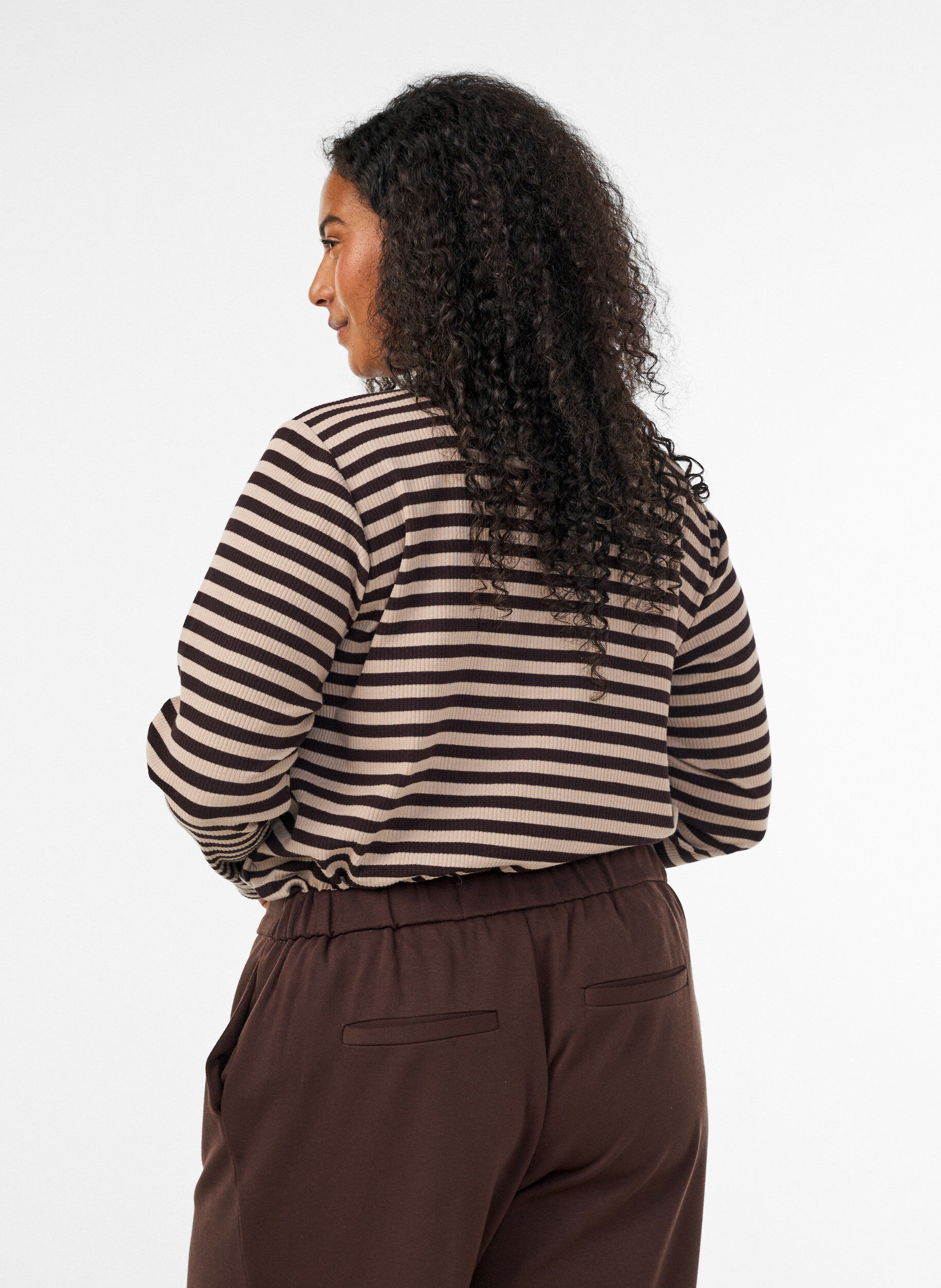 ZizziGestreepte blouse met lange mouwen, Bruin, Model image number 2