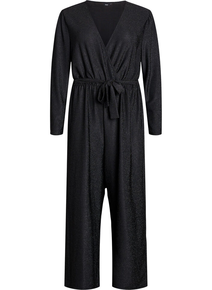 Jumpsuit met glitter en strikceintuur, Zwart, Packshot image number 0