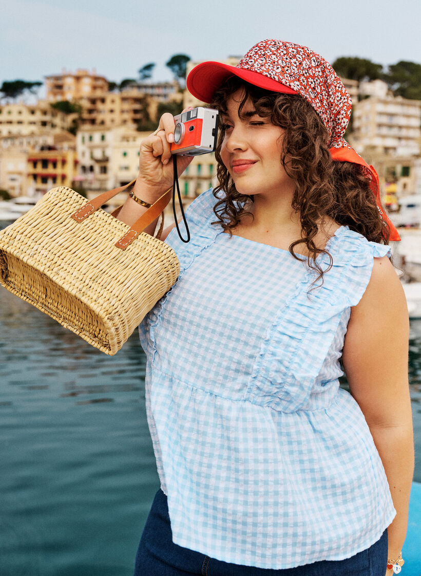 Top met ruitjes en ruchesdetails, Blauw, Image