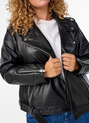 ZizziLeren bikerjack met riem, Black, Model image number 2