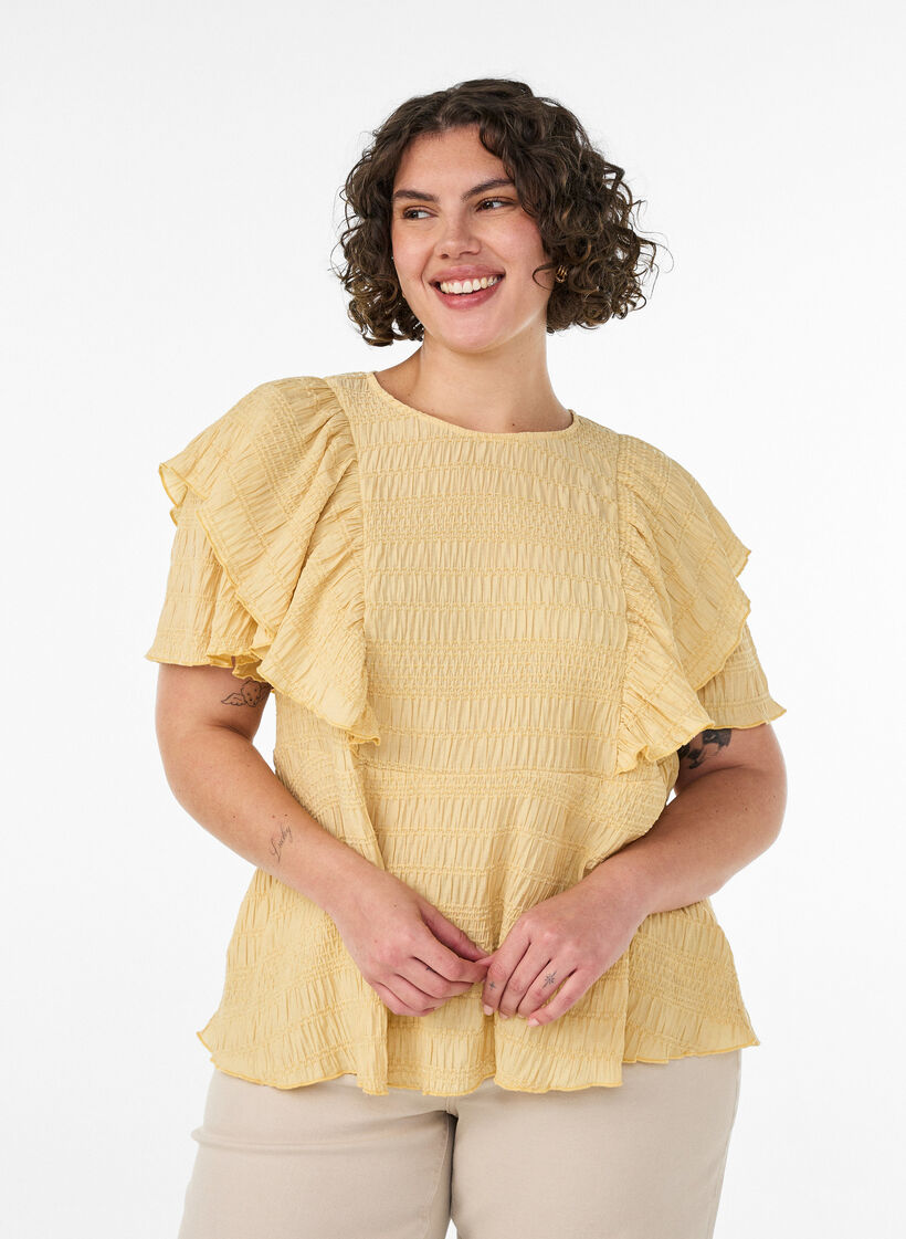 Blouse met smockstructuur en ruchesmouwen, Geel, Model image number 0