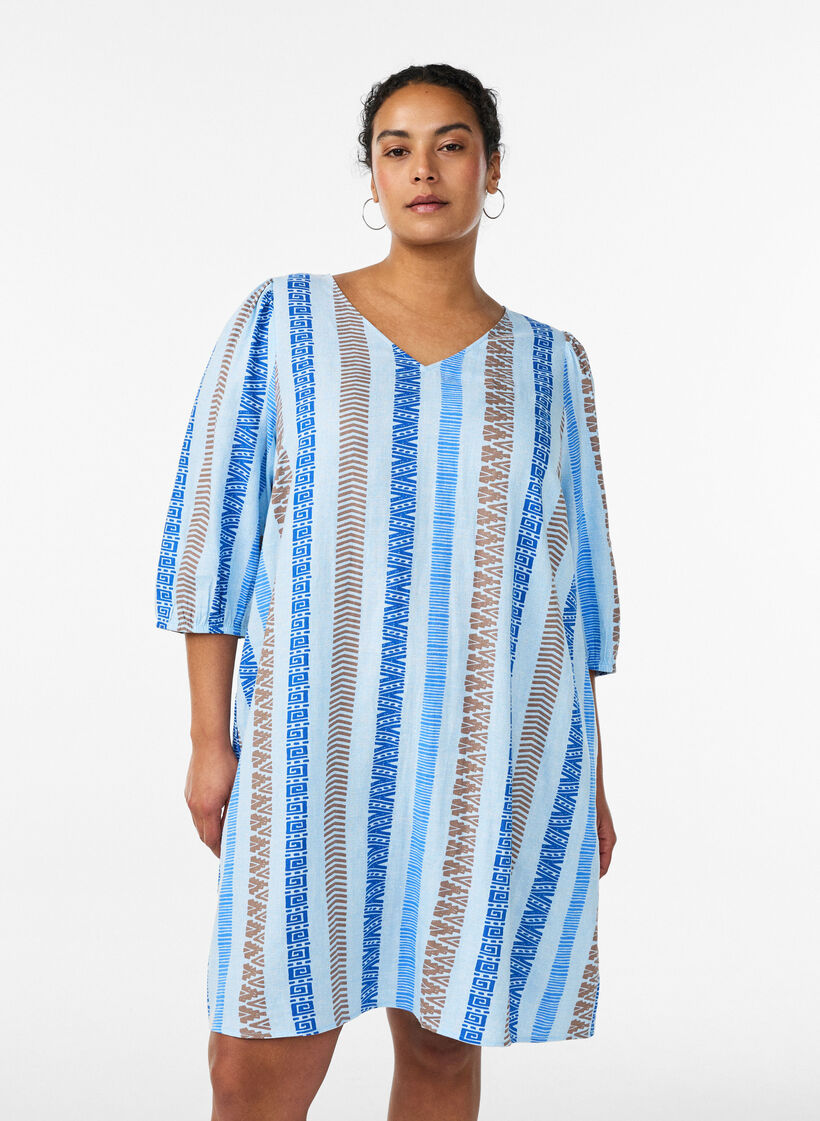Korte jurk in linnen en viscose met 3/4 mouwen, Blauw, Model image number 0