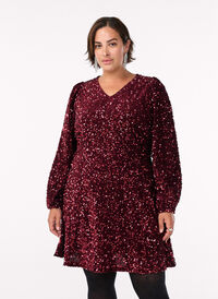 Korte A-lijn jurk met pailletten, Rood Korte A-lijn jurk met pailletten, Rood, Model