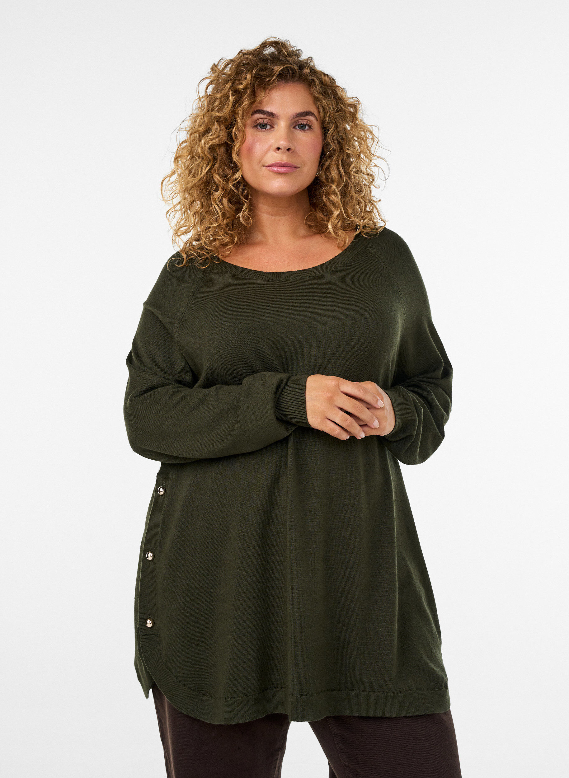 Gebreide blouse met knopen aan de zijkant, Groen, Model
