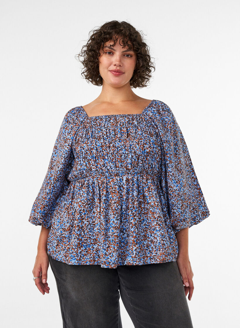 Blouse met smock en vierkante halslijn, Blauw, Model image number 0