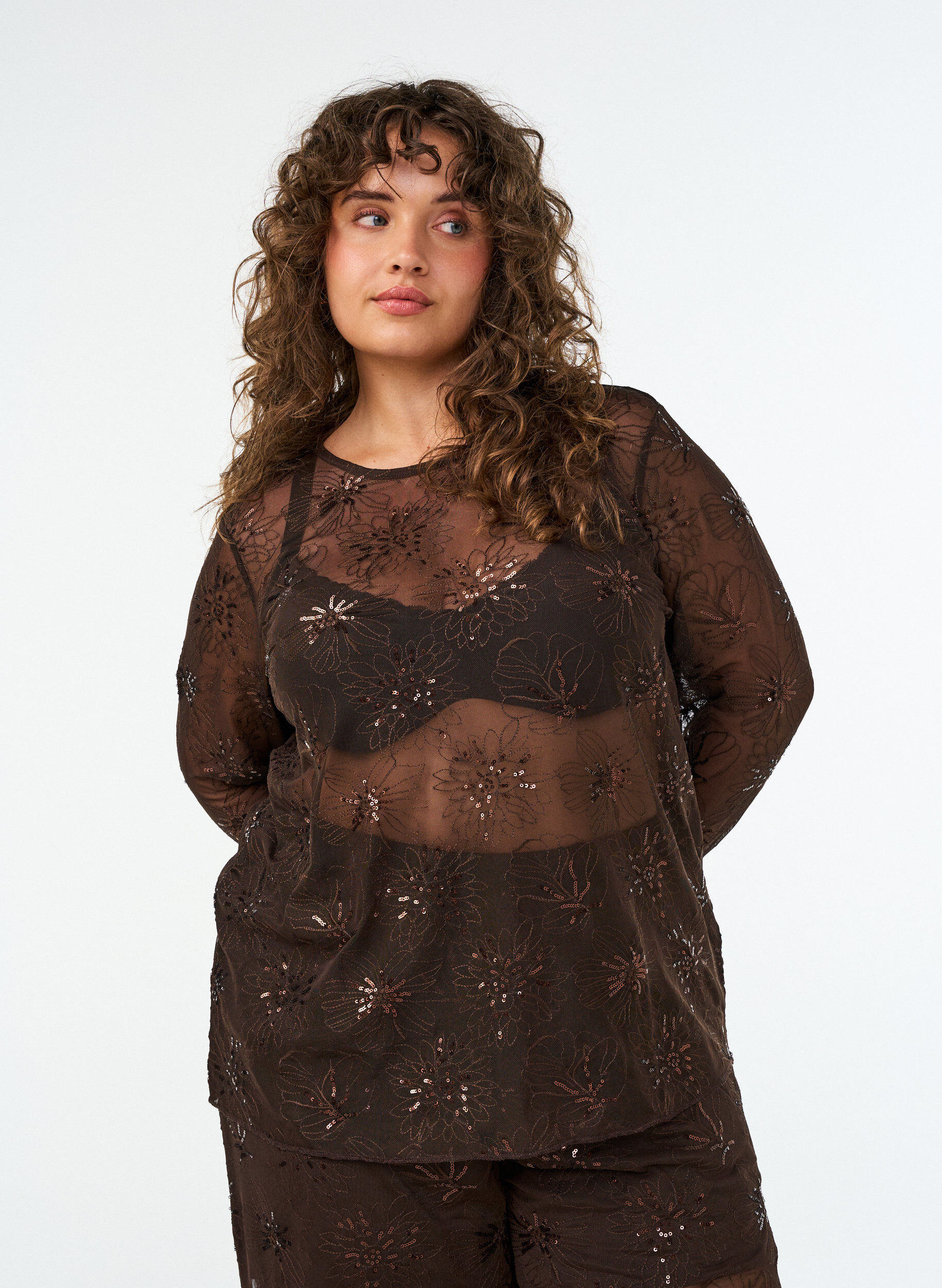 Mesh blouse met bloemen en pailletten, Bruin, Model
