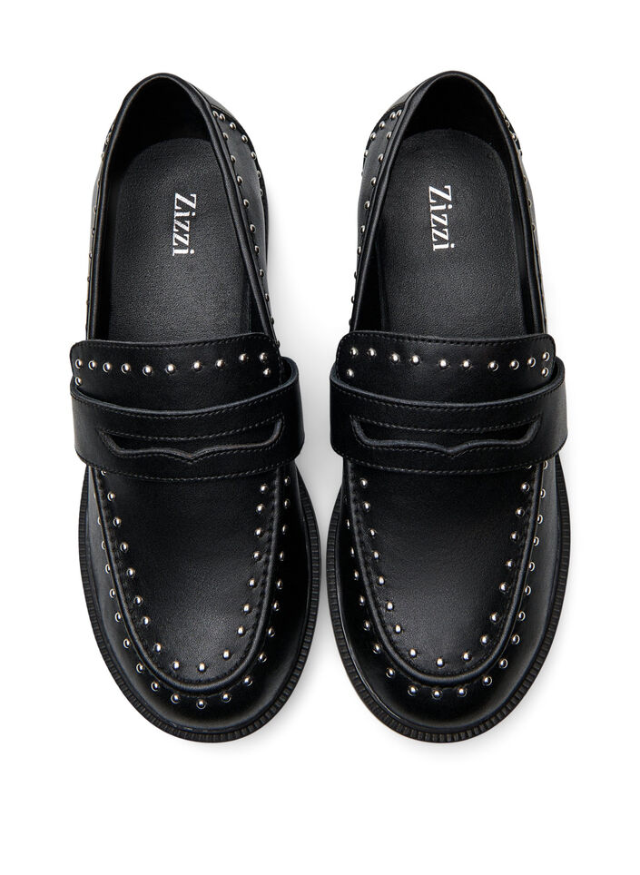 Wide fit - Leren loafers met studs, Black, Packshot