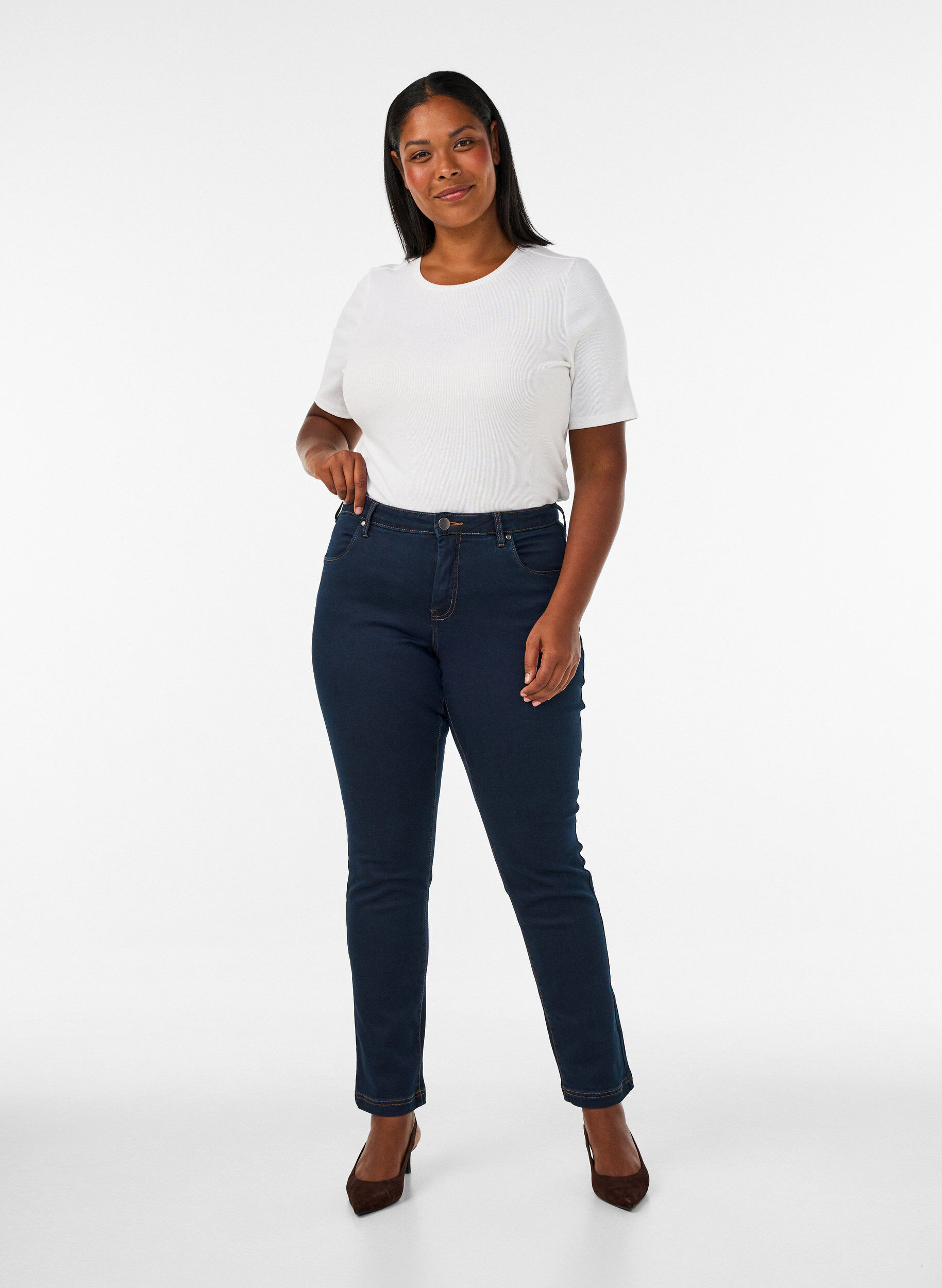 Slim fit Emily jeans met normale taille, Blauw, Model