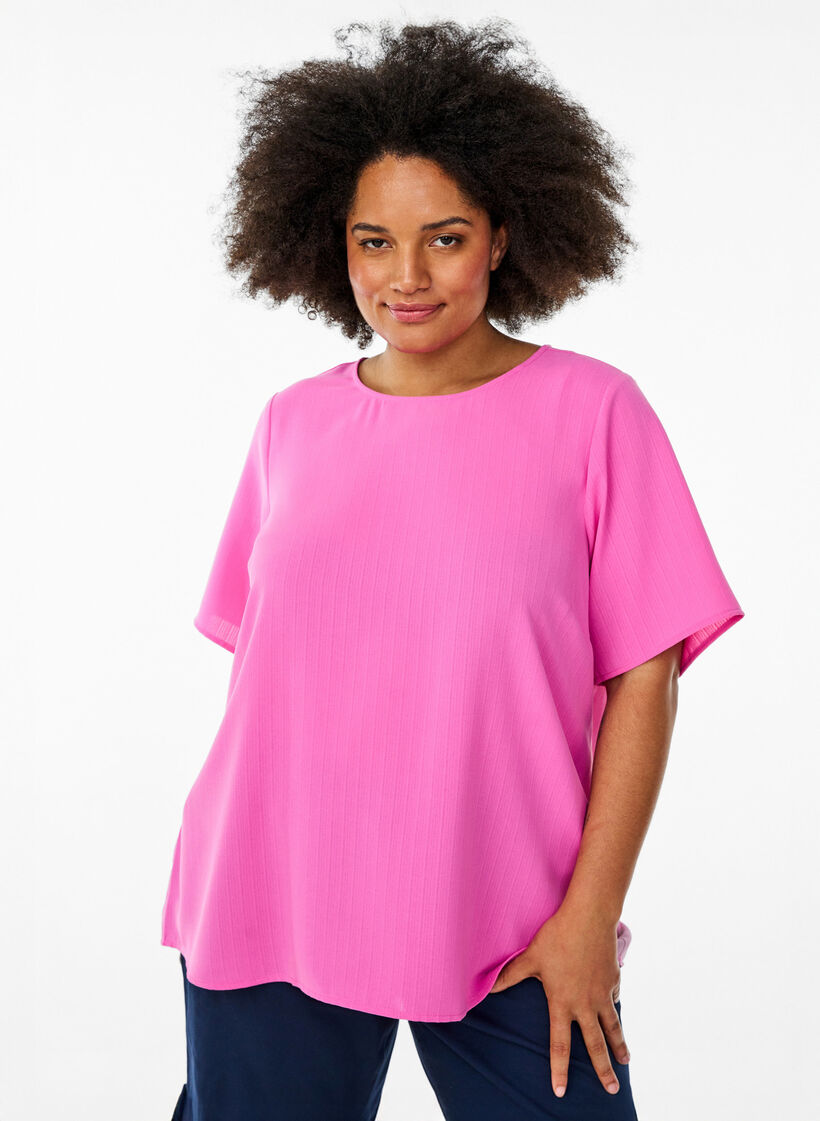Blouse met korte mouwen en ronde hals, Roze, Model image number 0