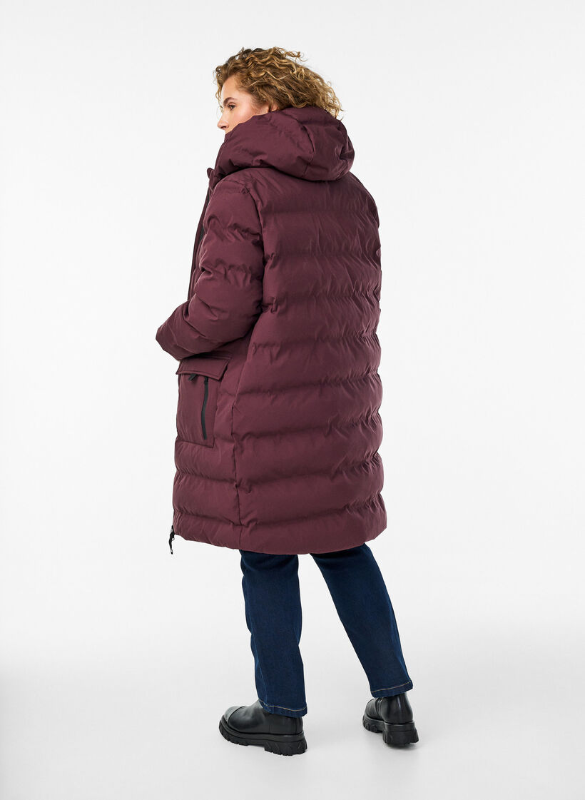 Pufferjas met capuchon en zakken, Donker Bordeaux, Model image number 2