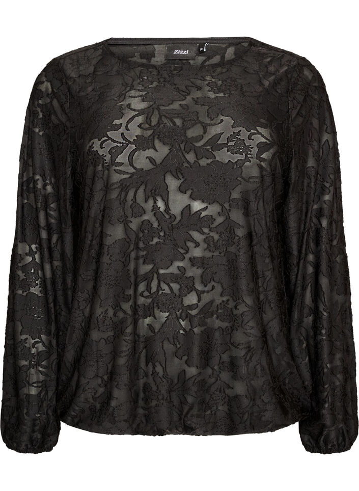 Doorschijnende blouse met bloemenstructuur en lange mouwen, Zwart, Packshot image number 0