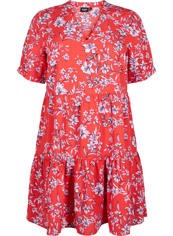 Robe trap&egrave;ze imprim&eacute;e, Rouge, Packshot image number 0
