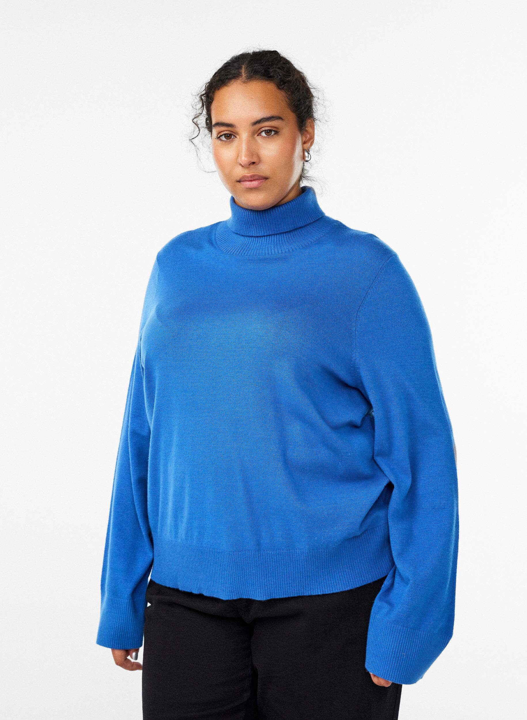 Gebreide blouse met col en knopen aan de zijkant, Blauw, Model