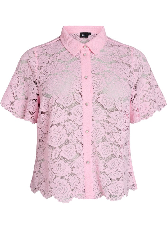 Kanten shirt blouse met parelknopen, Roze, Packshot