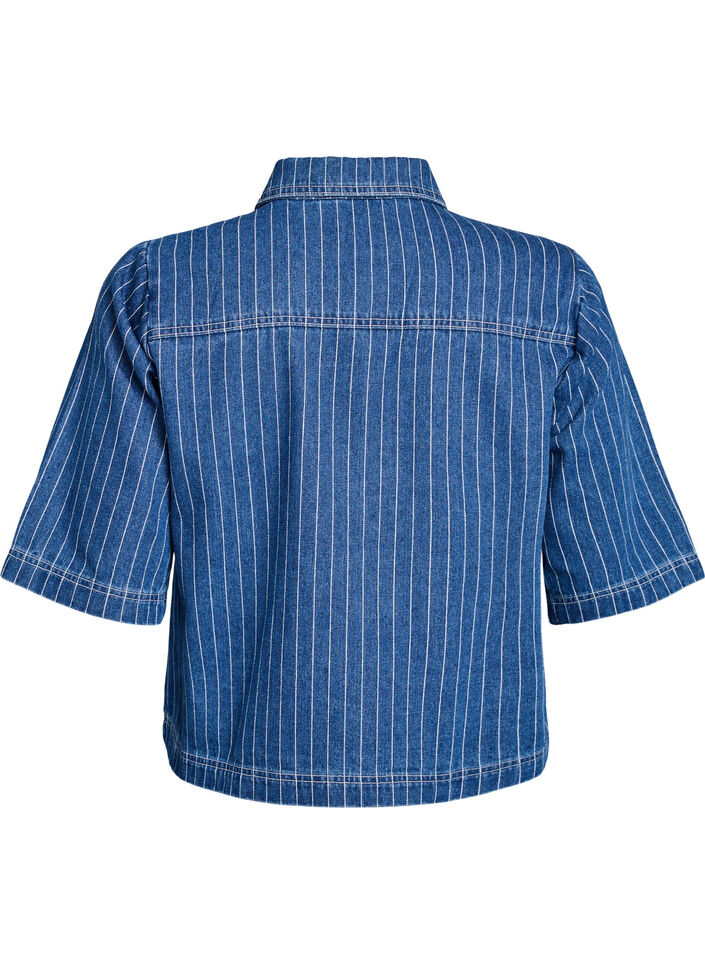 Gestreept denim shirt met korte mouwen, Blue Denim Stripe, Packshot