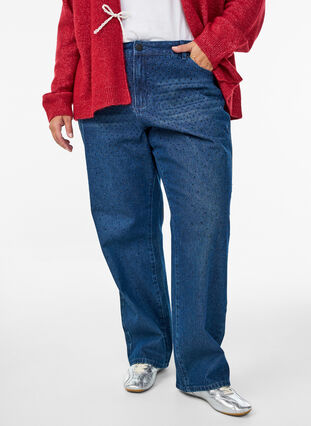 ZizziStraight-fit jeans met rhinestones en een hoge taille, Dark Blue, Model image number 2