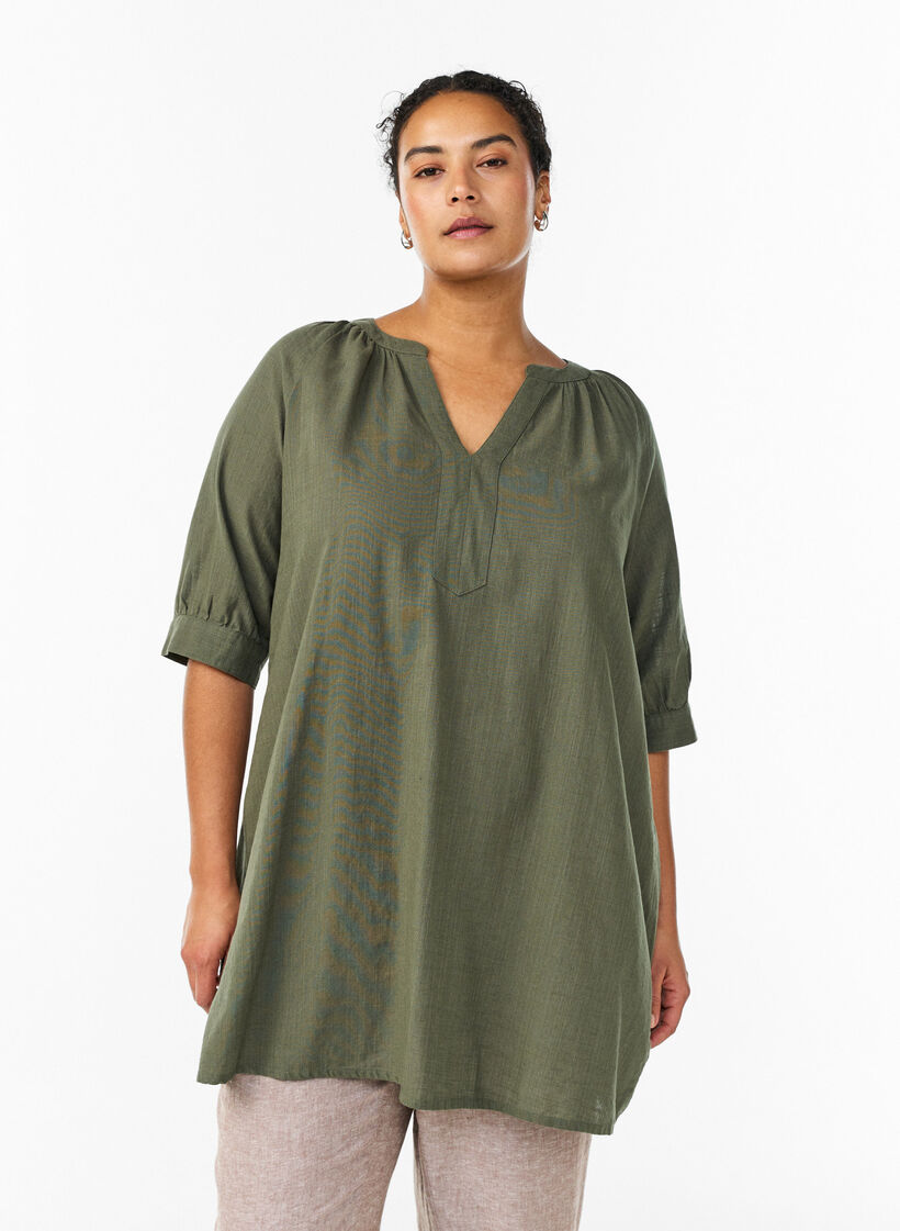 Katoenen tuniek met V-hals, Groen, Model image number 0