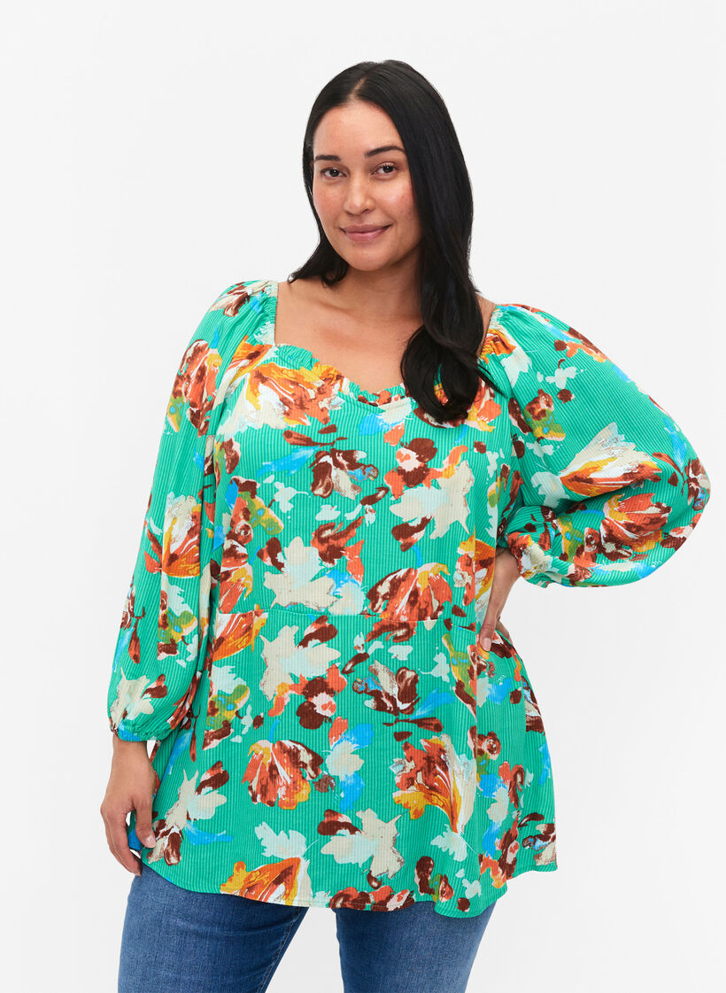 Bedrukte viscose blouse met 3/4 mouwen, Groen, Model image number 0