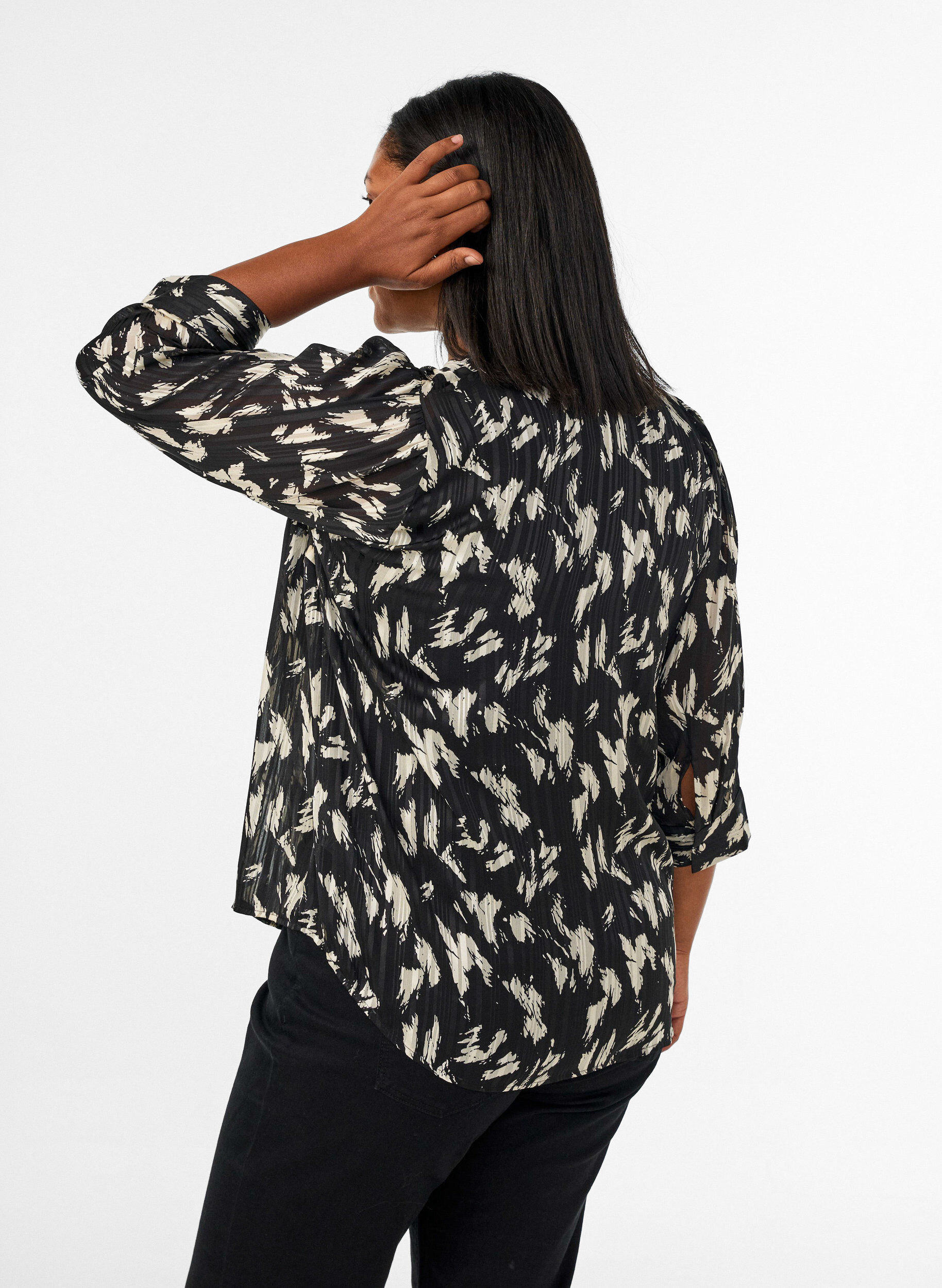 ZizziBlouse met patroon, opstaande kraag en 3/4-mouwen, Zwart, Model image number 2