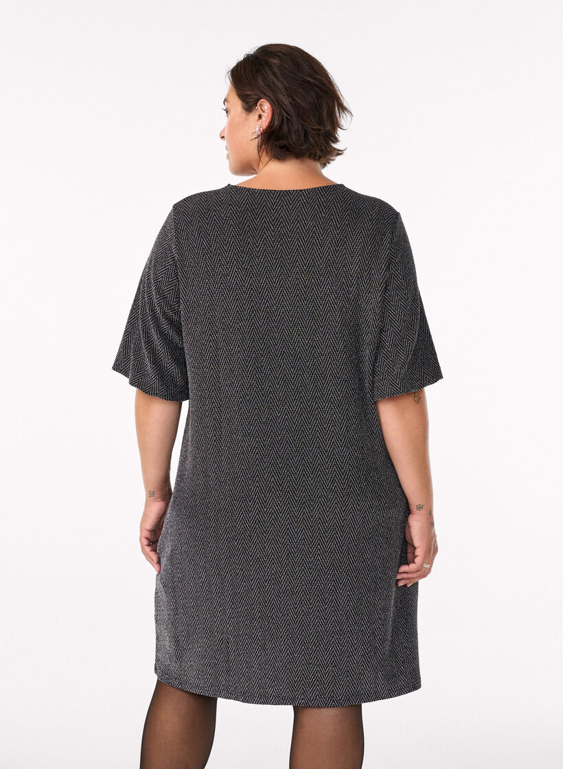 Korte jurk met glitterpatroon, Zwart Korte jurk met glitterpatroon, Zwart, Model