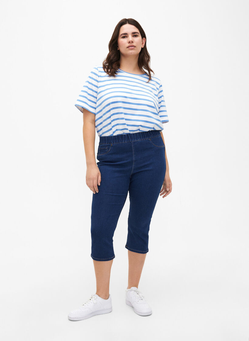 Denim capribroek met elastische tailleband, Dark Blue Denim, Model