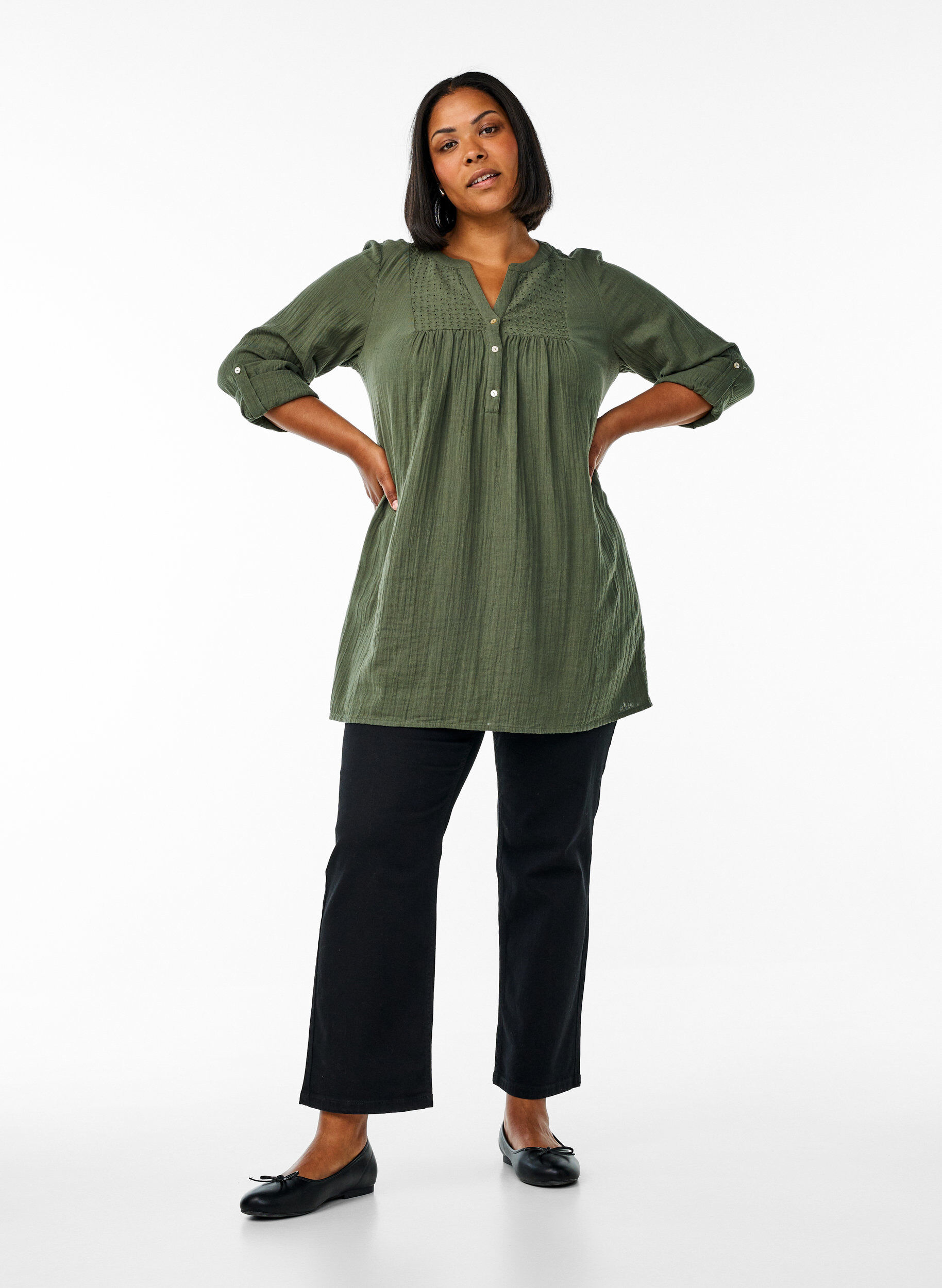 ZizziKatoenen mousseline tuniek met broderie anglaise, Groen, Model image number 1