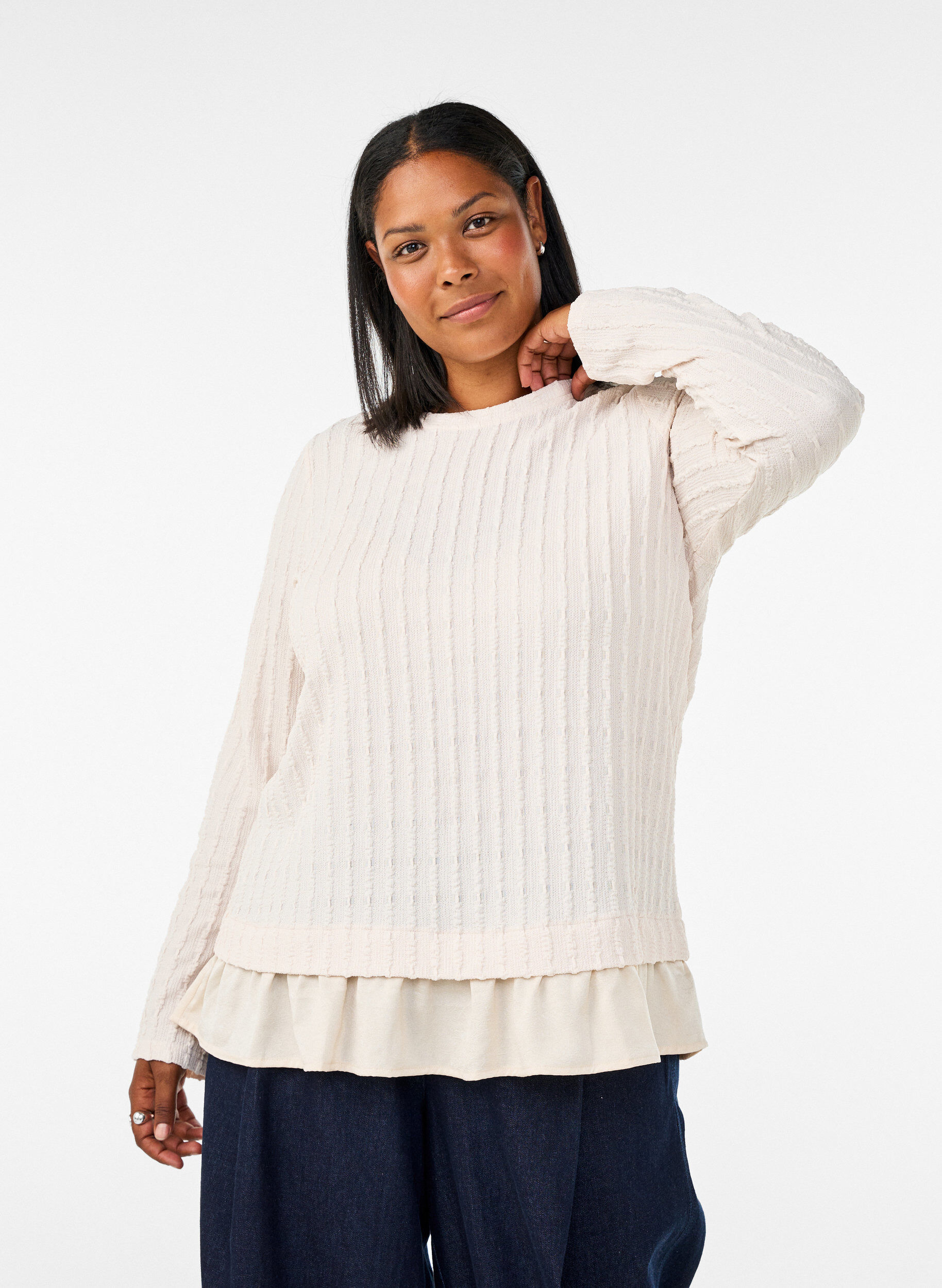 Blouse met structuur en volantzoom, Vanille, Model