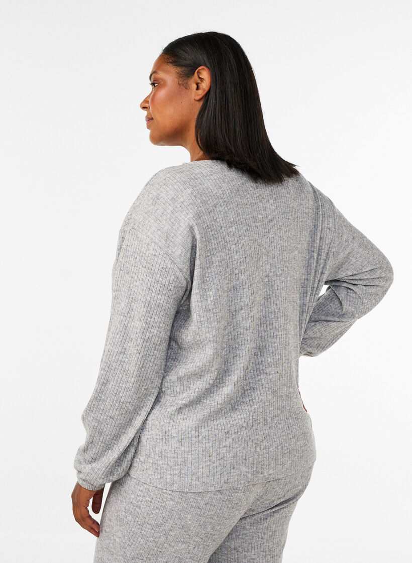 Jersey blouse met geribde textuur en V-hals, Grijs, Model image number 2