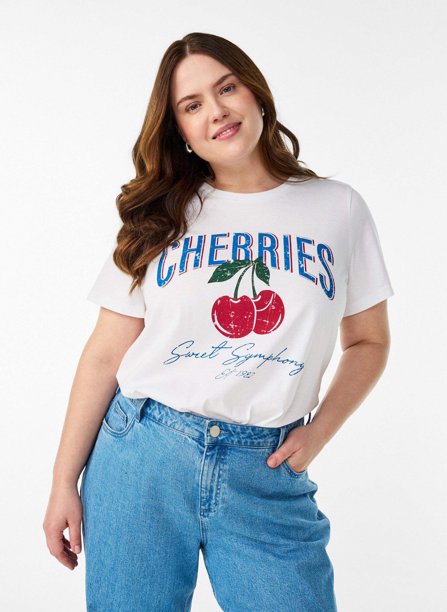 Katoenen T-shirt met fruitprint en tekst, Wit, Model