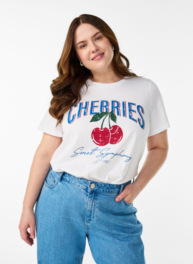 Katoenen T-shirt met fruitprint en tekst, Wit, Model image number 0