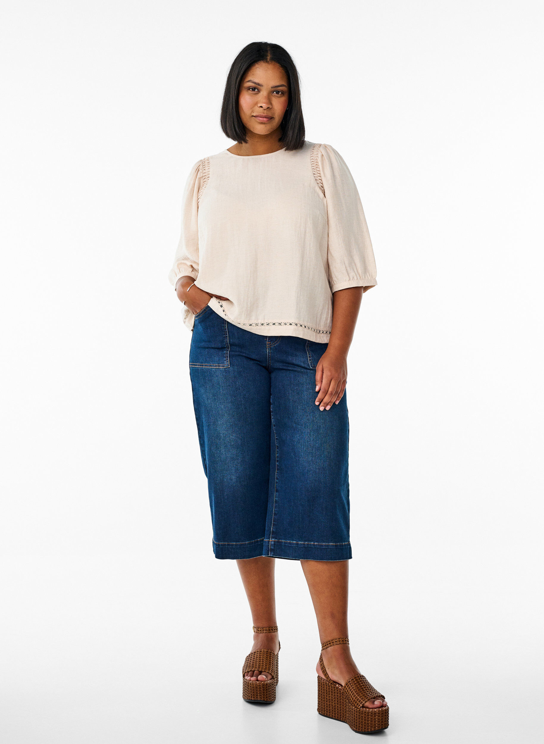 ZizziViscosemix blouse met linnen en geplooide schouders, Oranje, Model image number 1