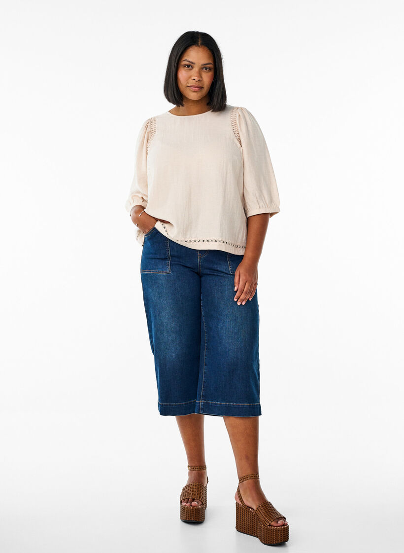 Viscosemix blouse met linnen en geplooide schouders, Oranje, Model image number 1