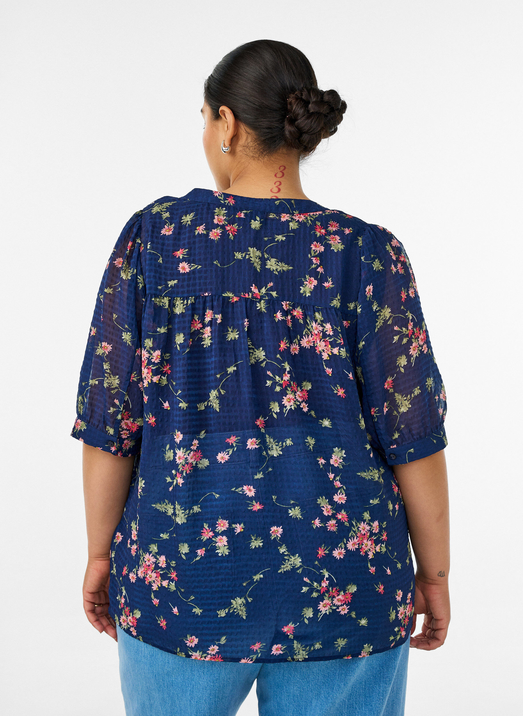 ZizziBlouse met bloemenprint en V-hals, Blauw, Model image number 2