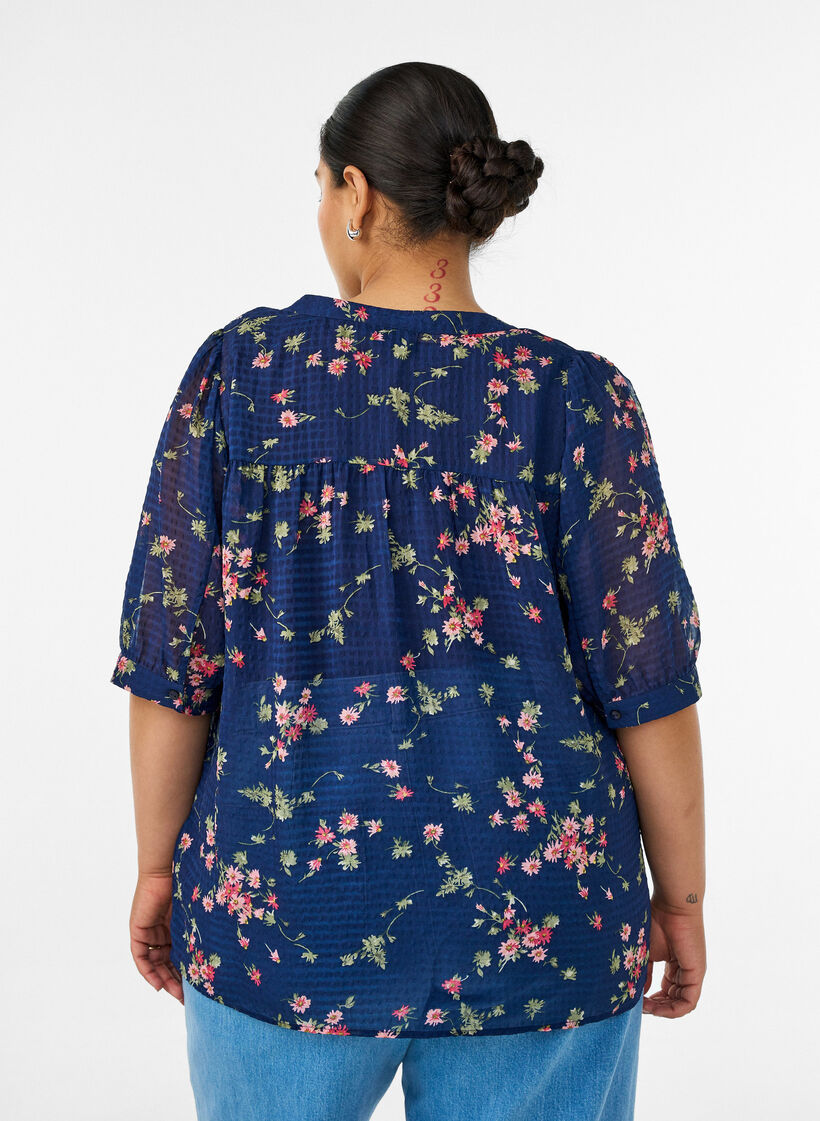 Blouse met bloemenprint en V-hals, Blauw, Model image number 2