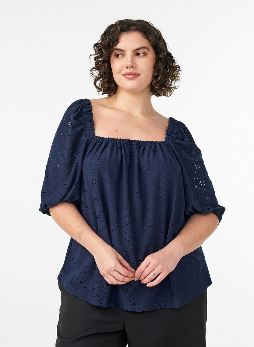 Blouse met korte pofmouwen en een opengewerkt patroon, Blauw, Model image number 0