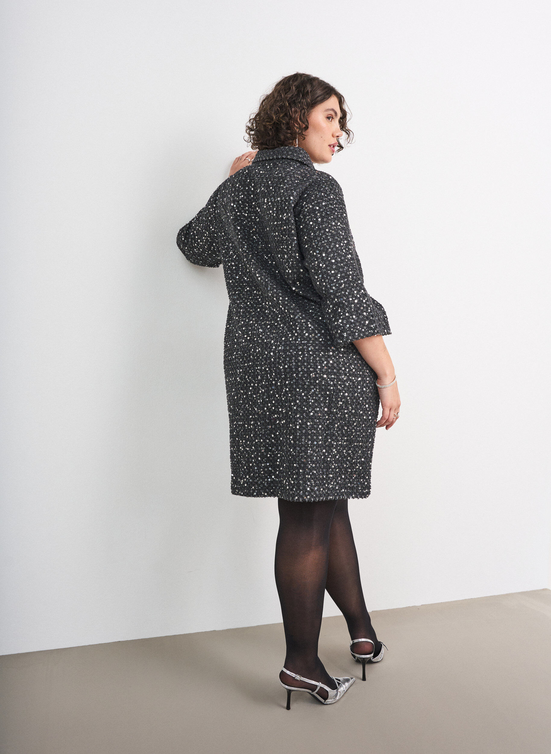 ZizziDenim jurk met pailletten en 3/4-mouwen, Zwart, Model image number 2