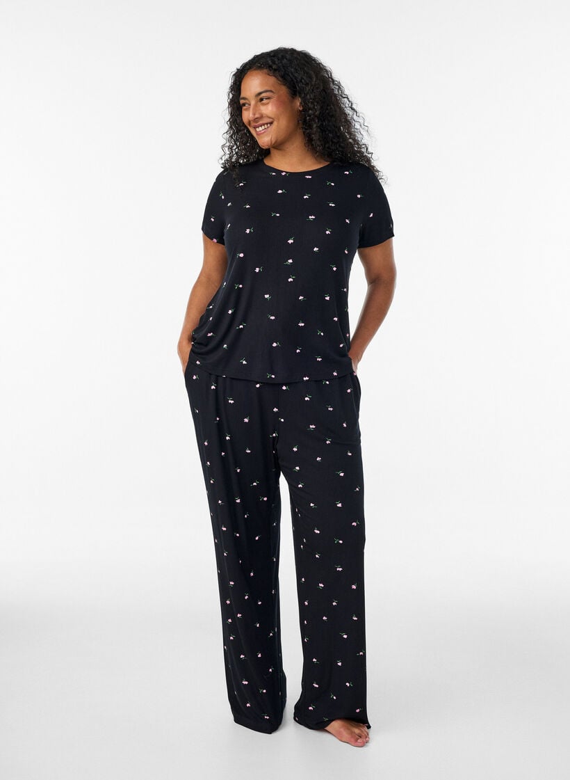 Pyjama top met bloemenprint en geribde textuur, Zwart, Model image number 1