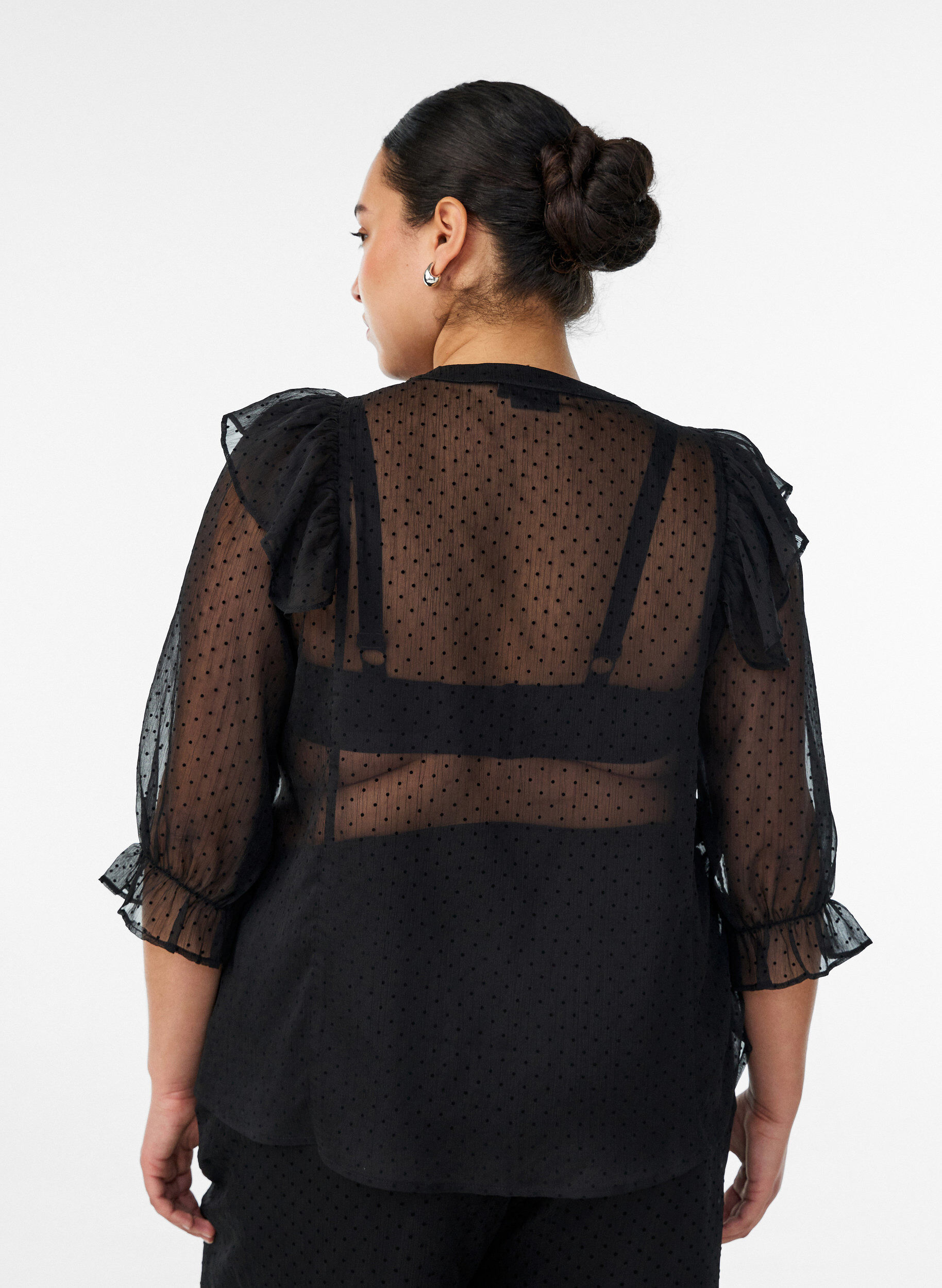 ZizziTransparante blouse met stippen en ruchesdetails, Zwart, Model image number 2