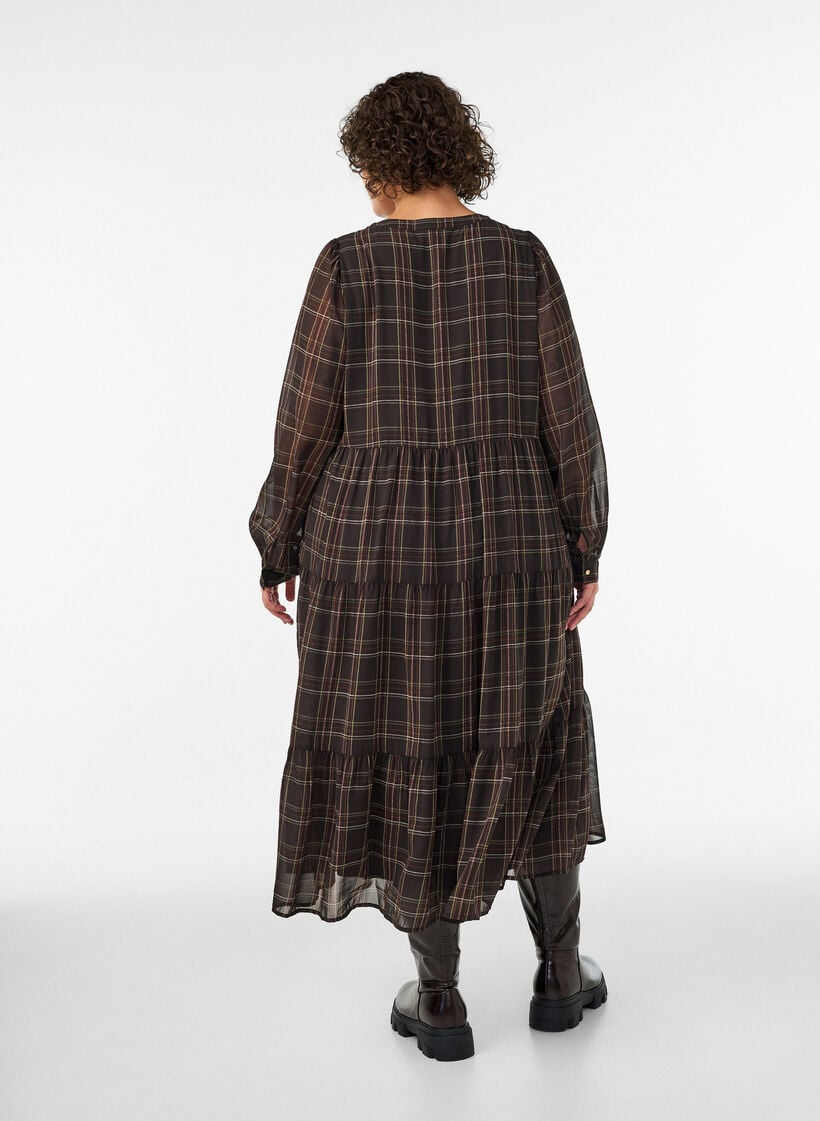 Gecontroleerde midi-jurk met een rok in lagen, Bruin, Model image number 1