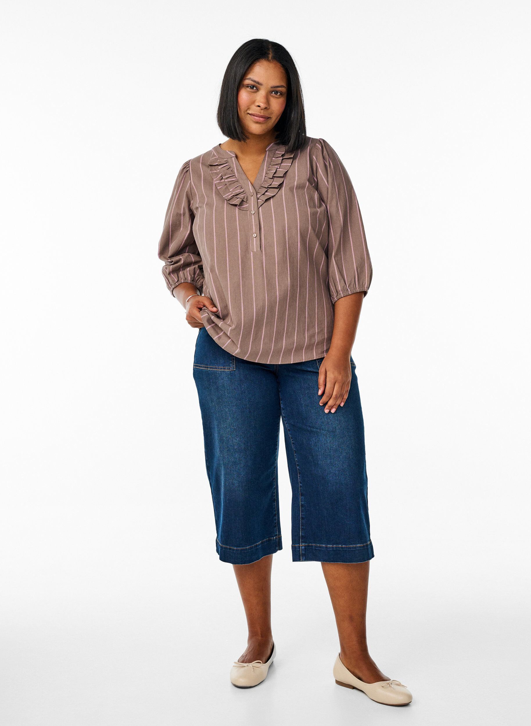 Zizzi3/4 mouw blouse in katoen met strepen, Bruin, Model image number 1