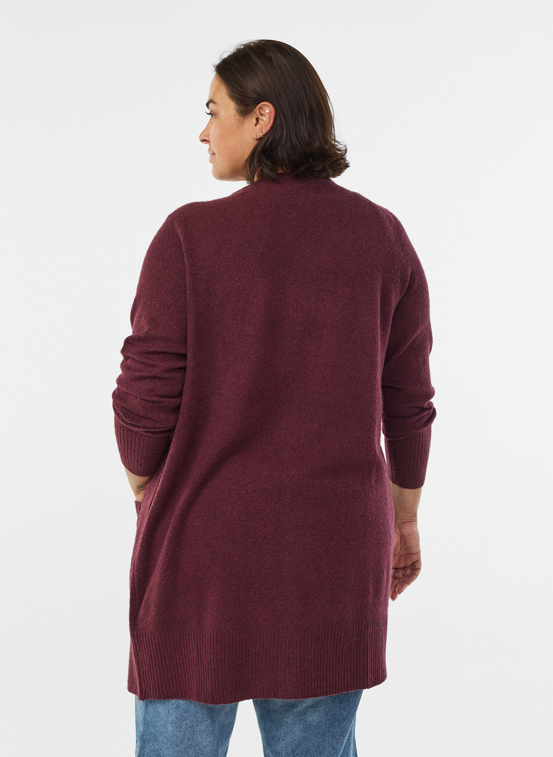 ZizziGeribd gebreid vest met zakken, Donker Bordeaux, Model image number 2