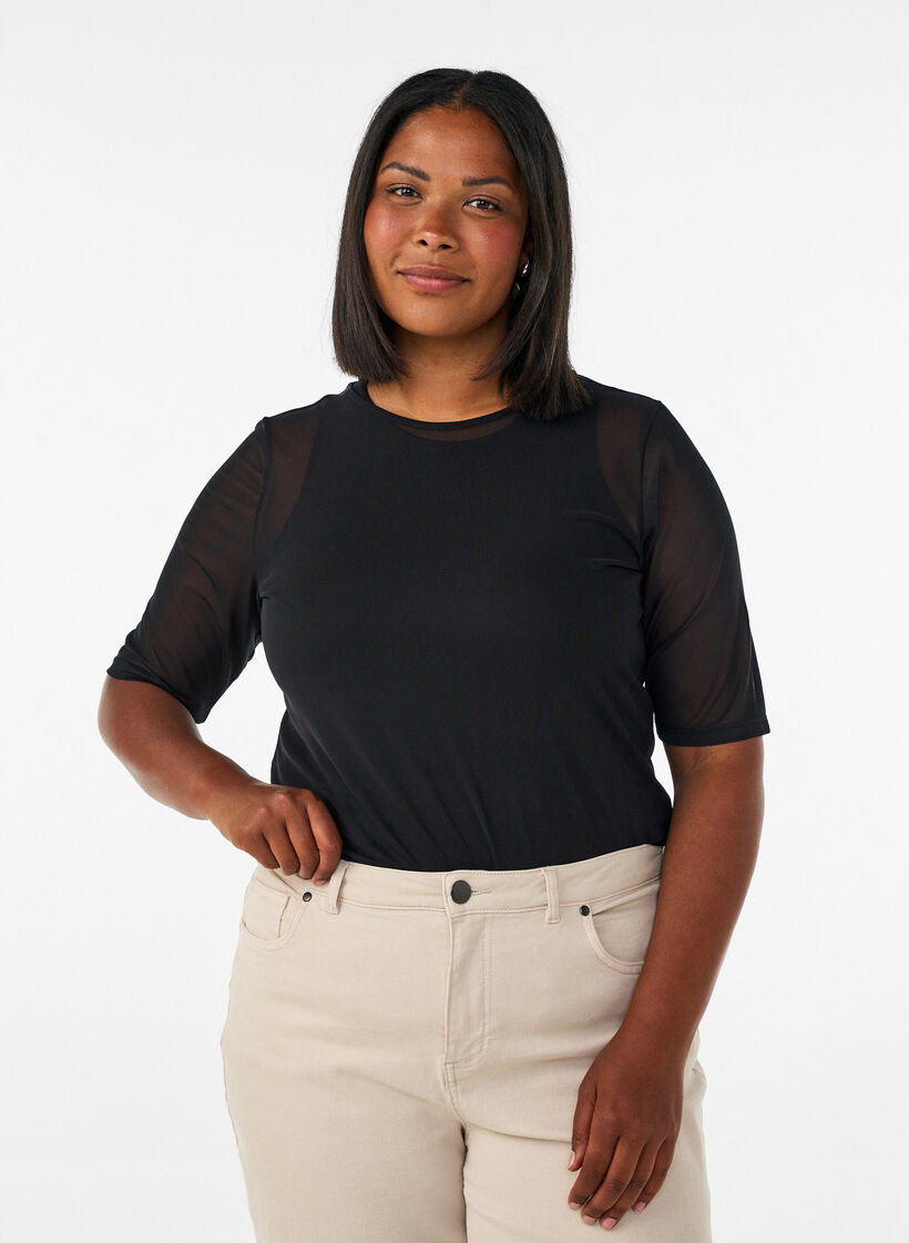 Mesh top met korte mouwen en ronde hals, Zwart, Model image number 0